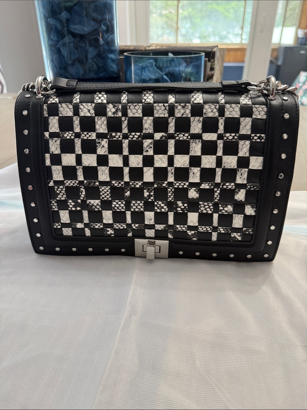 INC International Concepts Black & White Checkered Studded Crossbody Bag